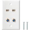 Ethernet Coax Wall Plate - Cat6 F Type Wall Plate, 2 Port Cat6 Keystone and 2 Port F Type Connector Coax Keystone - White