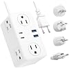 Kakyanill European Travel Plug Adapter, EU/UK/US Travel Plug Adapter Power Strip, 6 AC Outlets, 4 USB Ports (2 USB C), 3ft Wrapped Around Extension Cord, Universal Travel Adapter