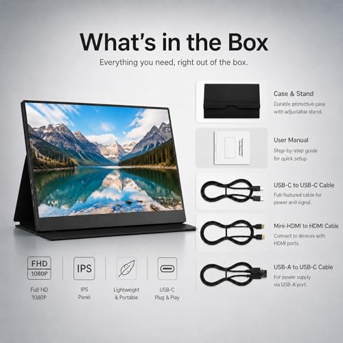 15.6" Portable Monitor, 1.28lb Ultra-Light 1080P FHD Laptop Screen