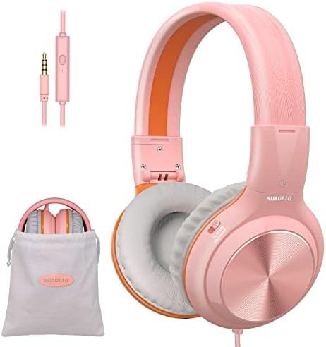 SIMOLIO Wired Headphones with Mic & Volume Limited, Noise Isolating Kids Plug in Headphones for Girls, Laptop, Tablet, w/Share Port and Portable Pouch (Pink)