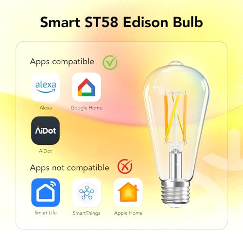 OREiN Smart Edison Light Bulbs, 2.4 Ghz Wi-Fi ST19(58) Vintage Light Bulbs E26, 800LM Dimmable via app, 2700-6500K Tunable, Smart LED Filament Bulb Works with Alexa/Google Home, 60W Equivalent 4Pack