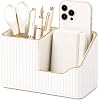 KINGFOM Luxury PU Leather Desk Organizer for Office Accessories, Aesthetic Pen Holder for Desk, Modern Desktop Storage Organizer for Home Office Supplies Cream White with Gold Trim