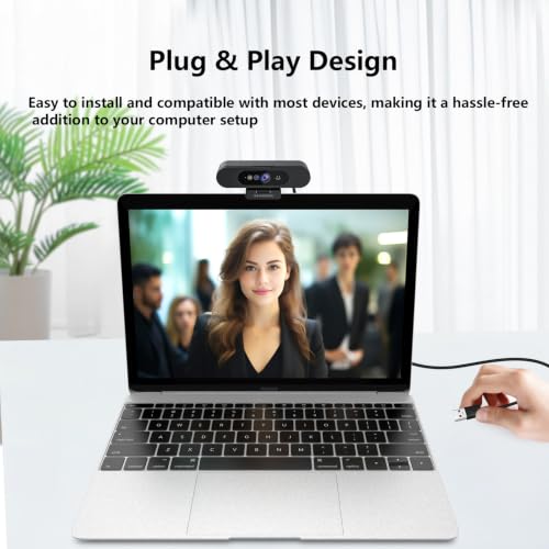 1080P Webcam with Window Hello, Noise-reducing Mic, Plug & Play, 90° Wide Angle, Built-in Privacy Cover, 360° Rotation & 90° Tilt, Perfect for Zoom, Google Meet, Microsoft Teams