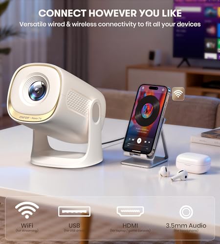 Miroir Roku TV Smart Projector with WiFi and Bluetooth, 150 ANSI, Dolby Audio, 270° Rotatable Stand, Auto Keystone & Zoom — Portable Mini Outdoor Movie Projector with Roku Streaming Built-in