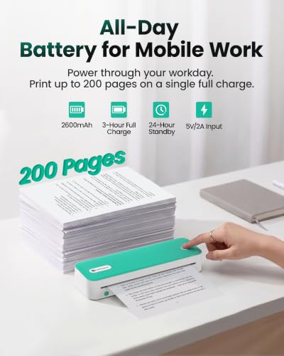 P1 Portable Inkless Printer, 203 DPI Wireless Thermal Printing for iPhone Android Laptop PC, Print US Letter Documents Receipts Anywhere, for Travel Remote Work Home Office School, Green