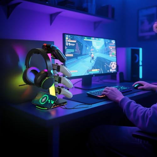 Gaming Headphones Stand with Charging Station, RGB Headset Stand with 10 Light Modes, 4 Controller Holder with 1 USB & 2 Type-C Charging Ports - Earphone Hook for PC Desktop Gamer Accessories Storage