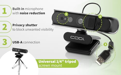 CODi Allocco HD 1080P IR Webcam with Windows Hello Facial Recognition, 30FPS USB-A Camera with Built-in Microphone, Auto Low-Light Correction for Video Conferencing & Streaming