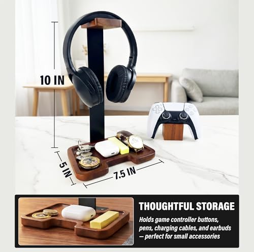 Gaming Equipment Headset Stand with Game Controller Holder & Storage Base, Stylish Gamer Gifts for Men Teenage Boy Headphone Stand, Unique Gifts for Gamers to Organize Gaming Accessories (Brown Wood) - Image 7