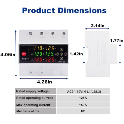 Automatic Generator Transfer Switch, 125A 120V 3 Pole Transfer Switch for Generator Backup Power & RVs, LED Display, Priority Phase Selectable, Over/Under Voltage Protection, DIN Rail Mount