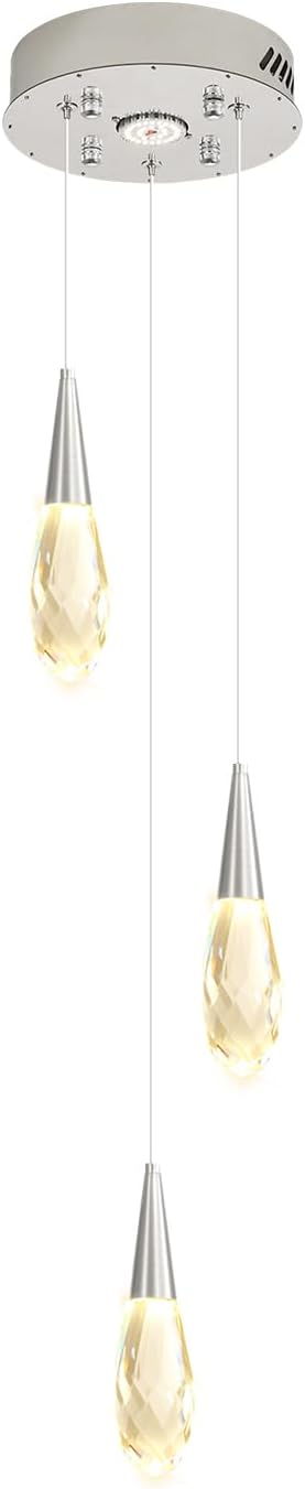 3-Lights Crystal Pendant Light Kitchen Islan Silver Hanging Chandelier Teardrop Crystal Pendant Light Fixture for Dining Room, Living Room,Kitchen lsland, Foyer