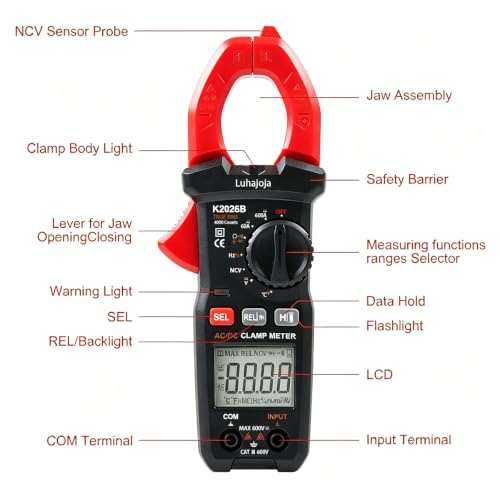 Clamp Meter, 6000 Counts, Auto Ranging, Measures High AC/DC Current 600A, 600V AC/DC Voltage, Multimeter, Voltage Meter, Amp Meter, Electrician Tools, with Alligator Clips, Backlit Display