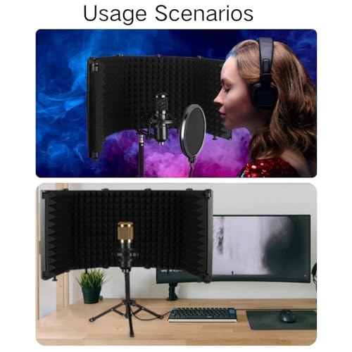 Microphone Isolation Shield, 5 Panel Sound Shield with Pop Filter and Tripod Stand,Absorbent Foam to Filter Vocal, for Podcast, Studio and Most Condenser Microphone Recording Equipment