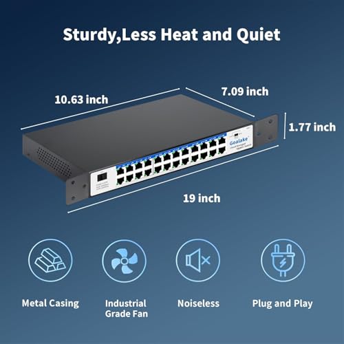 Goalake 24-Port Gigabit Easy Managed Switch – Plug & Play Managed Network, VLAN & QoS Bandwidth Control, Industrial Grade Fan Design, Desktop/Rackmount, No Subscription Fee