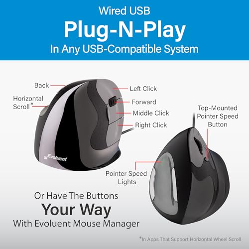 Evoluent – Inventor of The Vertical Mouse – VMDM Ergonomic Vertical Mouse Right Hand Medium Wired USB, Sculpted for Comfort, Reduces Wrist Strain, 4 Speeds, 6 Customizable Buttons in Windows - Image 7