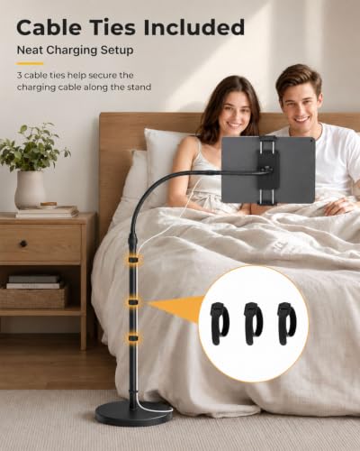 Tablet Floor Stand with Heavy Base Height Adjustable Gooseneck Tablet Holder for 4.7-13" Devices Compatible with iPad/Samsung Galaxy Tab/Kindle/Phones/Switch Overhead Bed Phone Stand with Cable Ties