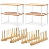 4 Pcs Kitchen Organizer Accessories Set – Stackable Metal Counter Shelves with Bamboo Style Dish Rack, Adjustable Cabinet Storage for Spices, Pot Lids, Plates & Cups (Wooden Color)