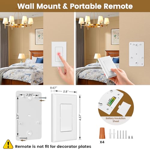 SURAIELEC 3 Way Wireless Remote Light Switch Kit, No Wall Wiring