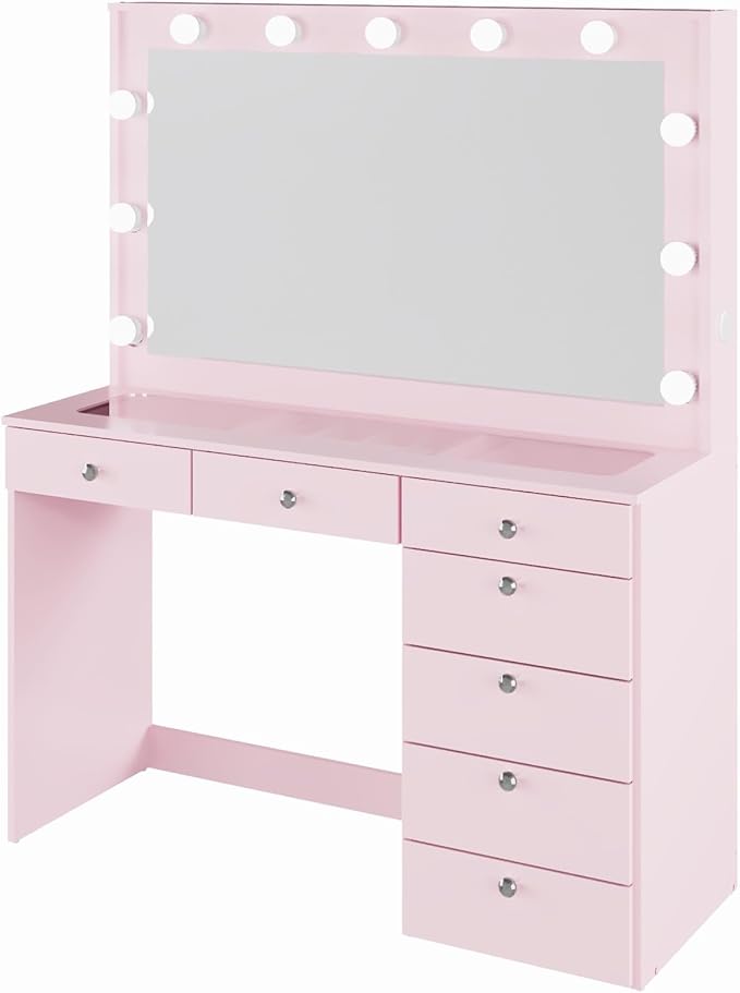 Boahaus Serena White Makeup Vanity with Mirror and 11 Lights, 7 Drawers, Glass Top, Crystal Knobs, USB-A & USB-C Ports, 110V Power Outlet, Bedroom Vanity Desk (Pink-1)