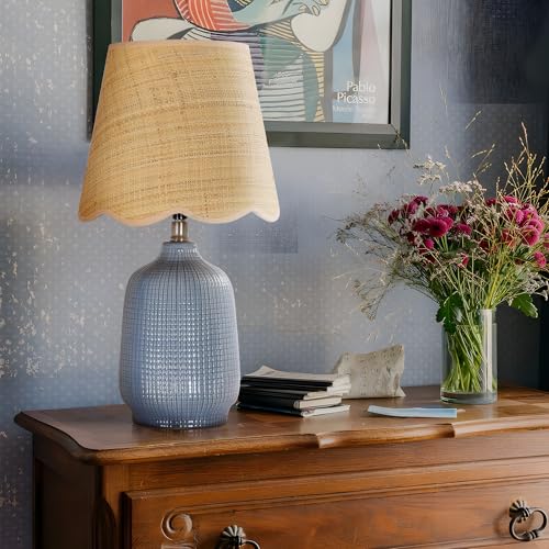 Pia Ricco 19" Modern Ceramic Table Lamp for Living Room Gray Blue Base Desk Lamps for Bedroom Farmhouse Bedside Nightstand Lamp End Table Lamps,Bule,Rattan Shade