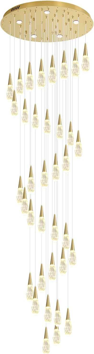 H 177" Moderm Extra Large Chandelier 36-Lights Foyer Chandelier for High Ceiling Crystal Pendant Light Fixture Raindrop Chandeliers for Staircase Villa Living Room (Gold