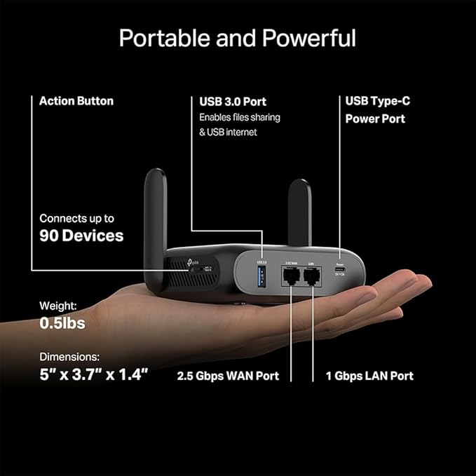 TP-Link Roam 7 BE3600 Wi-Fi 7 Portable Travel Router | Dual-Band, 2.5G Port, USB 3.0 | Multi-Modes in One | OpenVPN, WireGuardยฎ | Public WiFi Sharing for Hotel/Cruise/RV/Plane | No 6 GHz | TL-WR3602BE