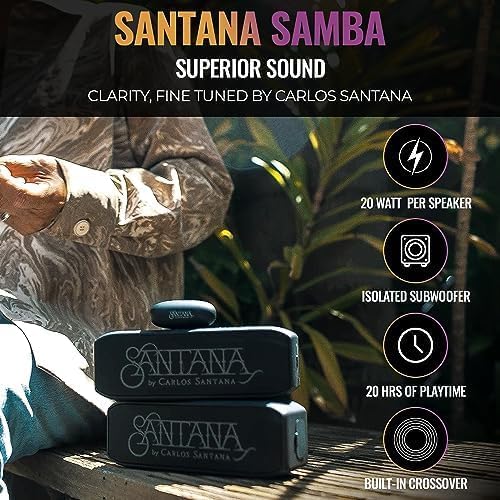 SANTANA BY CARLOS SANTANA Samba 40W High-Power Bluetooth Speaker with 48mm Drivers, Isolated Subwoofer, IP67 Waterproof, True Wireless Surround Sound, 20+ Hours Battery Life | Black | 2 Pack