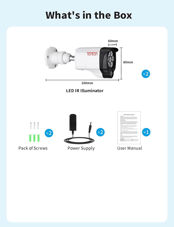 Tonton 2Pack LED IR Illuminator Wide Angle 8-LEDs 90 Degree 100Ft IR Infrared Flood Light, Compatible for CCTV Security Cameras,IP Camera,Bullet Camera,Dome Camera(White)