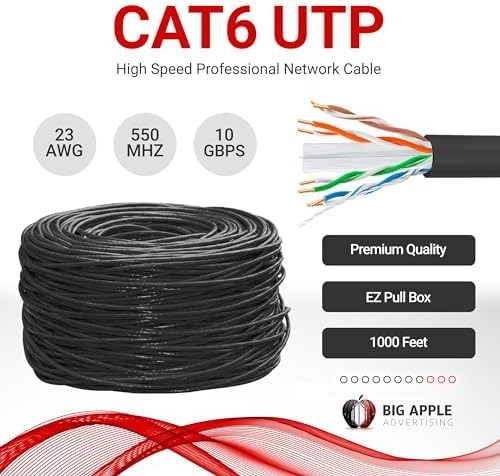Big-A - Bulk Cat6 Cable 1000ft 23AWG Solid 4 Pair, Cat 6 Ethernet Cable Unshielded Twisted Pair (UTP), (CMR) 550MHz Internet Cable, Pull Box - Black