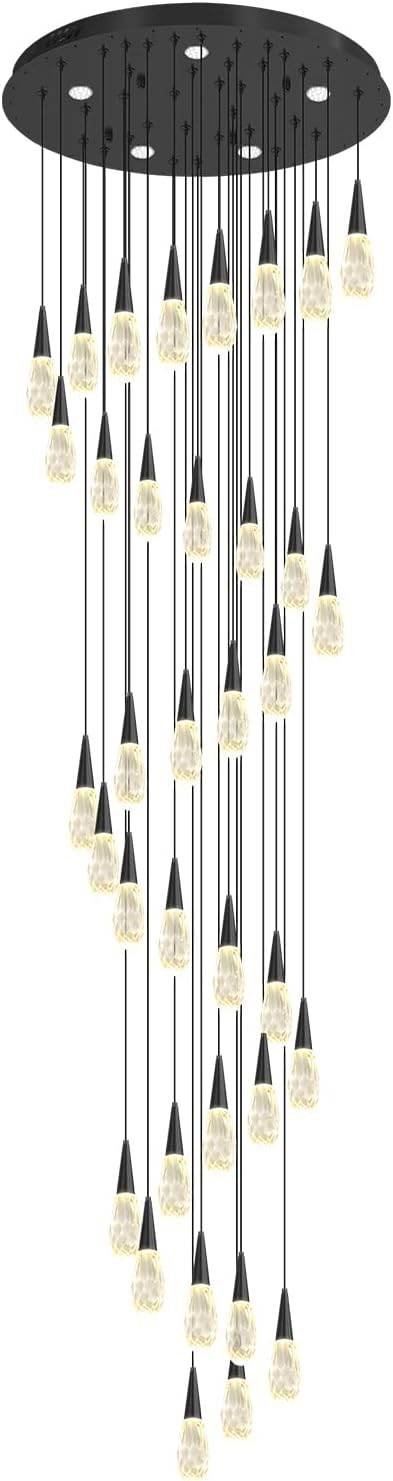 H 177" Moderm Extra Large Chandelier 36-Lights Foyer Chandelier for High Ceiling Crystal Pendant Light Fixture Raindrop Chandeliers for Staircase Villa Living Room (Black