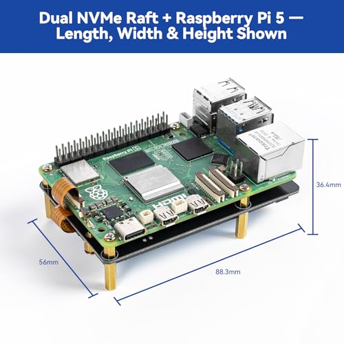 SunFounder Dual NVMe Raft for Raspberry Pi 5 PCIe Gen 2.0 to M.2 HAT Key-M SSD Hailo-8L AI Accelerator PIP M.2 2230/2242/2260/2280, NAS RAID 0/1, Manual (Not Compatible with the Pironman Series)