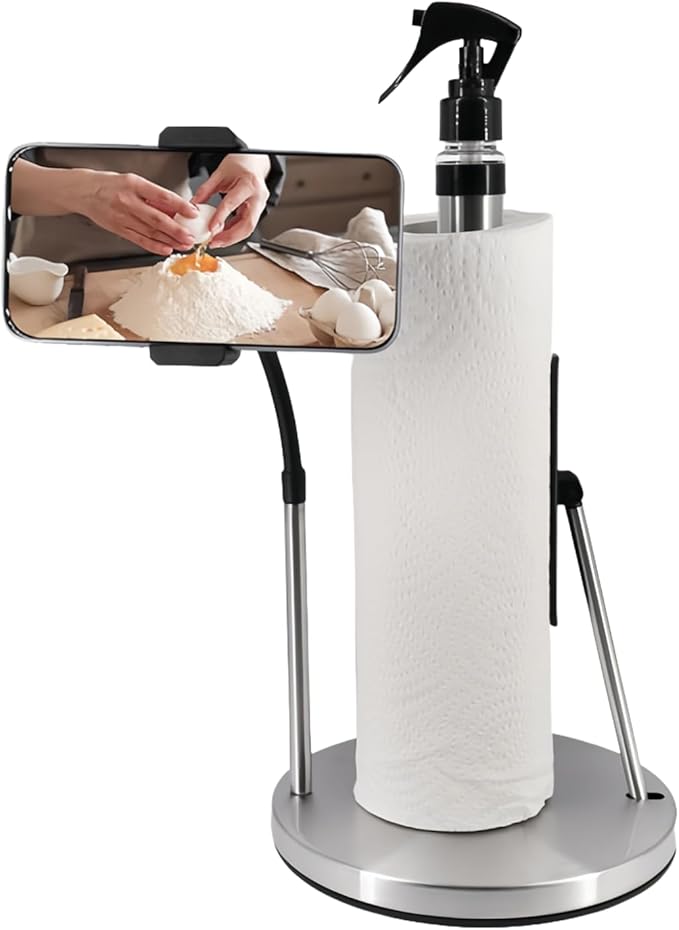 Paper Towel Holder with Phone Stand,Heavy-Duty Countertop Kitchen Paper Towel Holder with Spray Bottle,3 in 1 Stainless Steel One-Handed Tear Kitchen Towel Dispenser for Countertop,Black