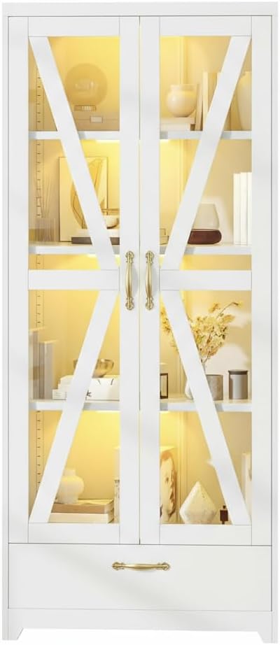 DWVO Display Cabinet with LED Lights, 61" Metal Display Case with Glass Barn Doors for Collectibles, Organizer Cabinet with 3 Adjustable Shelves and Drawer for Living Bedroom, Office, White