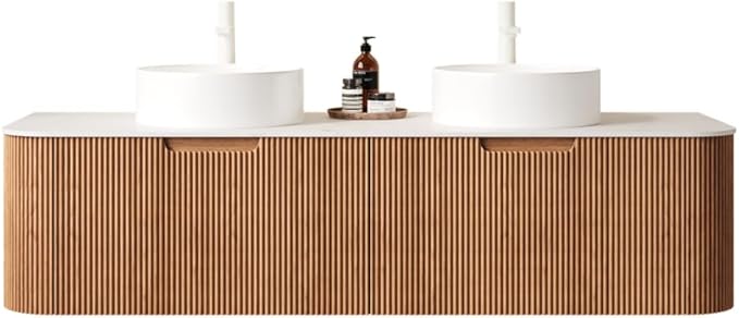 KEIKI 60" Wall-Mounted Floating Vanity, Modern Bathroom Vanity with Sinks and 3D Striped Drawer Fronts, 2 White Ceramic Vessel Basins, Pre-Assembled Storage Cabinet for Bathroom, Natural Wood
