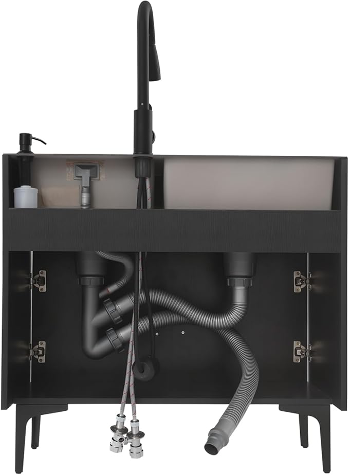32-Inch Utility Sink Cabinet with Pull-Out Sprayer Faucet, Laundry Sink with Cabinets and Stainless Steel Double Sinks, Freestanding Cabinet with Sink for Laundry&Utility Room, Kitchen, Bathroom