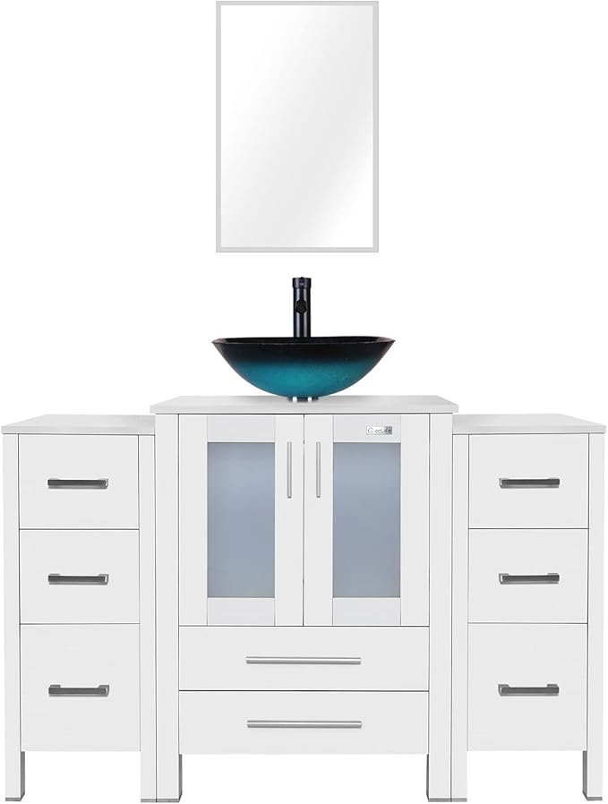 eclife 48" Modern Bathroom Vanity Sink Combo Freestanding Cabinet with Small Side Cabinet, Turquoise Square Glass Vessel Sink, Water Save Faucet, Drain (White+A10)