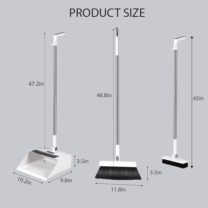 Upgrade Broom with Dustpan Combo Set,Long Handle Self-Cleaning Dust Pan and Brush Set 4-Row Dense Bristles,Indoor Broom Set (White)