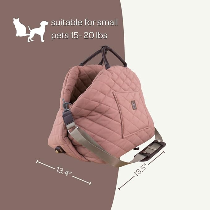 4 Cats & Dogs Mew Mew Travel Pet Bed β Soft Carrier for Small Dogs & Cats, Water-Resistant Quilted Shell, Adjustable Belts, Anti-Slip Bottom, Portable Pet Bed & Travel Bag - Rose