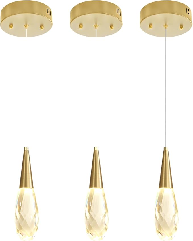 Pendant Light Kitchen Islan Gold Mini Crystal Chandelier Modern Hanging Light Fixture for Dining Room, Living Room,Bedroom, Foyer(3-Pack)