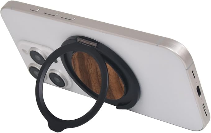 Cell Phone Ring Holder, Phone Grip, Magnetic Phone Ring Stand,Ultra Thin Phone Kickstand with Finger Loop Strap, Phone Ring Holder for Mag-Safe iPhone 16/15/14/13/12 Series (Walnut Wood)