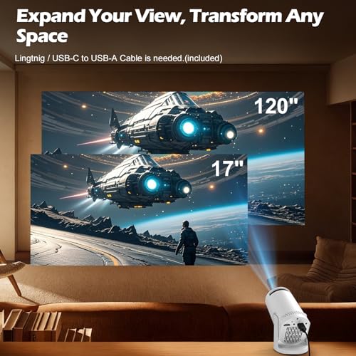 Mini projector, with wired screen sync 4K 1080P portable projector 180° rotation. 17-130" screen video projector. Compatible with smartphones, laptops.