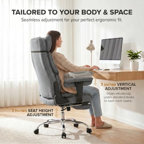 mokodo Big and Tall Office Chair 400lbs, Breathable Fabric Executive Desk Chair with Pocket Spring Cushion, 155° Reclining Computer Chair with Integrated Headrest & Lumbar Pillow (Grey) - Image 8