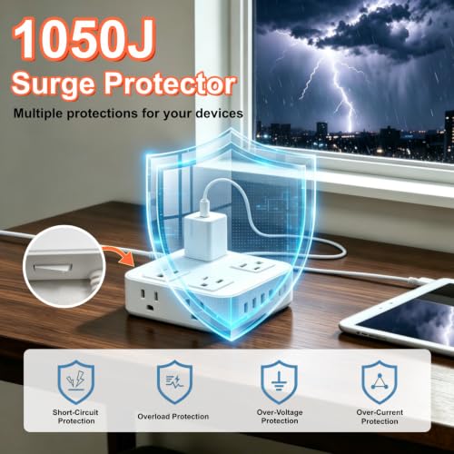 Power Strip with Surge Protector, 3 Side, 8 AC 6 USB Ports Flat Plug Switch