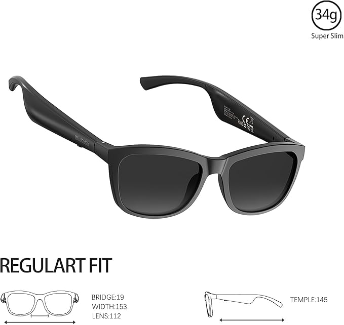Smart Glasses | Bluetooth Glasses | 34g Ultra-Light Frame for Outdoor | Hands-Free Calls, Music & Voice Control | 8-10H Battery USB-C Charging(Black Polarized UV400 Lenses)