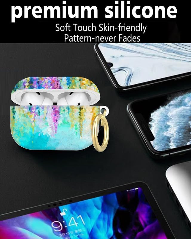 Compatible with AirPod Pro 2nd/1st Generation Case Cover with Key Chain,Full Protective Shockproof Wireless Headphone Case for Airpod Pro 2023/2022/2019(Oil Painting of Flowers)