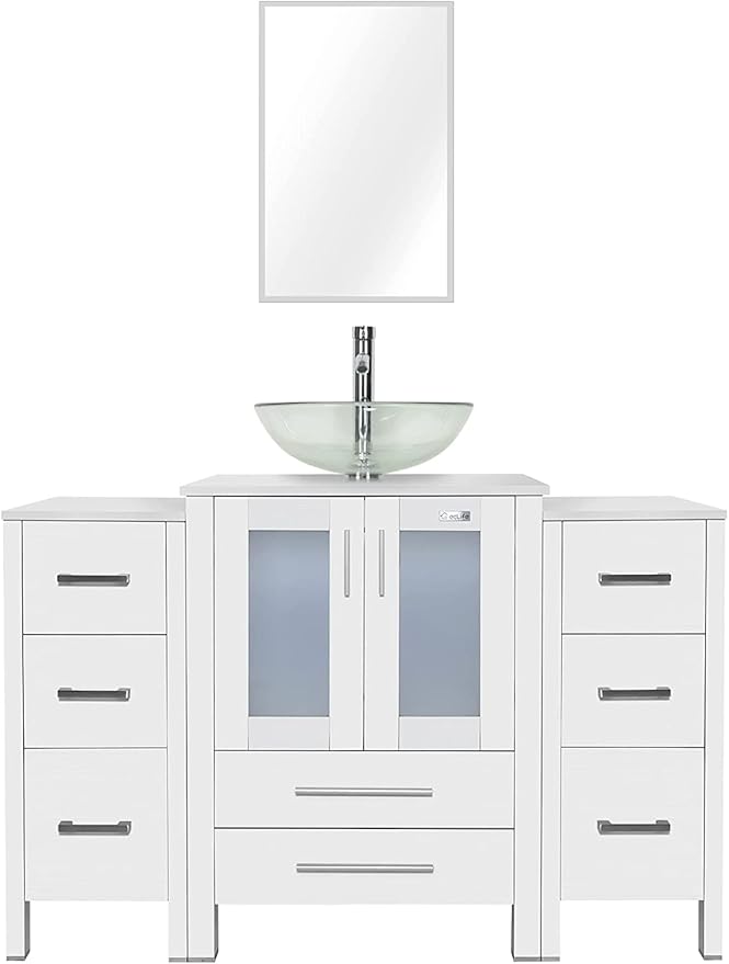 eclife 48" Modern Bathroom Vanity Sink Combo Freestanding Cabinet with Small Side Cabinet, Clear Round Glass Vessel Sink, Water Save Faucet, Drain (White+A16)