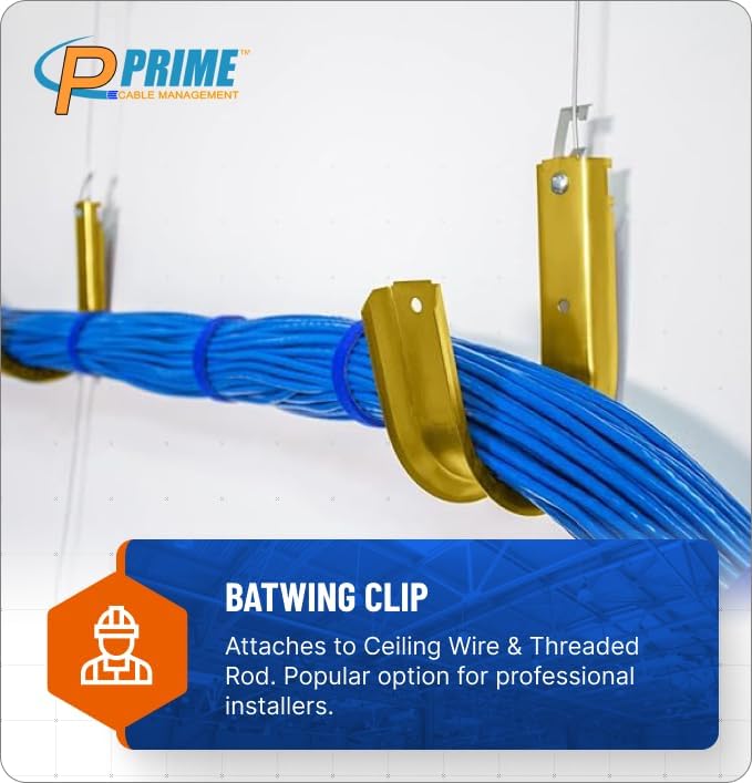 4'' Heavy Duty Metal Cable & Wire Support Batwing J-Hook Hangers with Bat Wing Clip for attaching Ceiling Wire & Threaded Rod for Cable & Wire Management