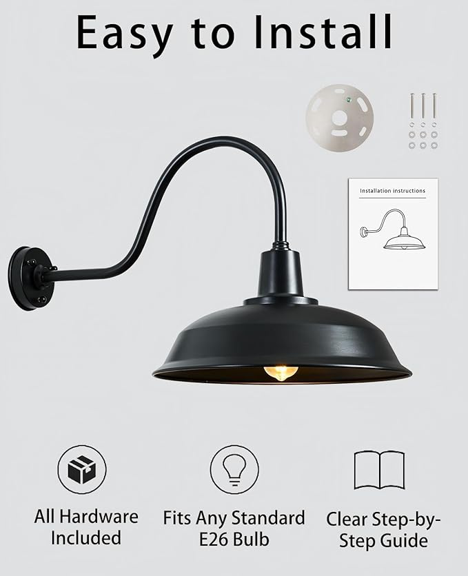 15 Inch Gooseneck Barn Light Outdoor, Matte Black Farmhouse Wall Light for Porch and Garage, ETL Listed, Weather-Resistant, E26 Base, Easy Install