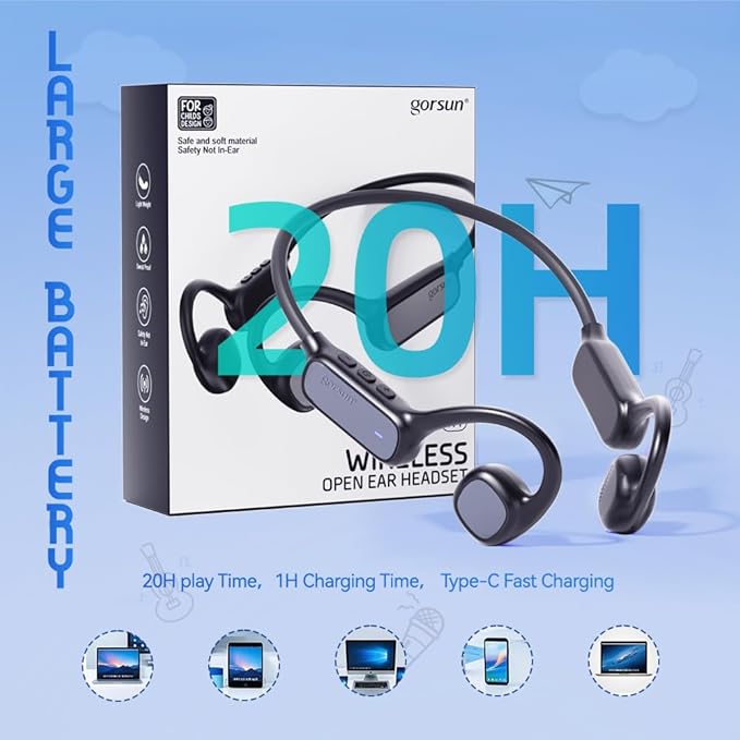 Kids Bluetooth Headphones, Wireless Kids Earbuds with 85dB Volume Limit, Bluetooth5.3, Air Conduction Open-Ear Headphones, 20-Hour Playtime, with Built-in Mic for Toddlers, Boys and Girl (Black)