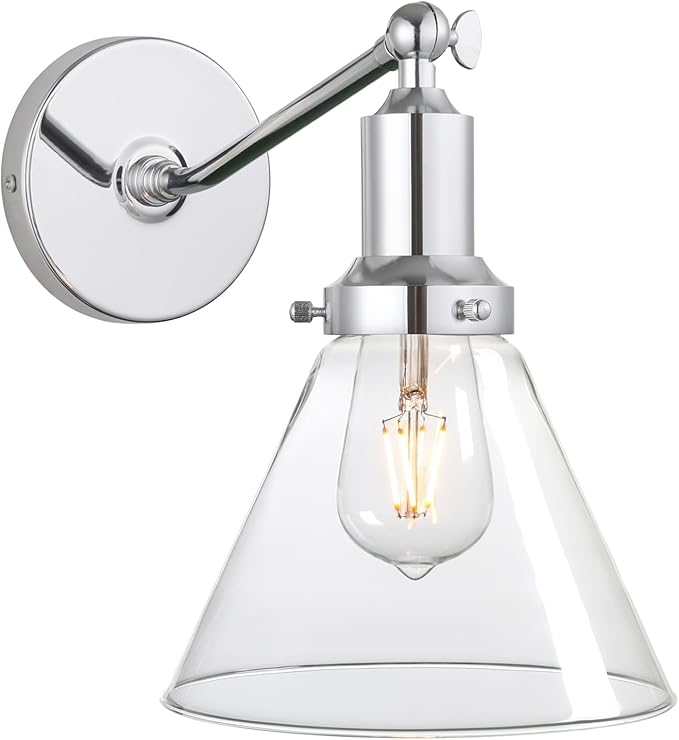 PERMO Industrial Vintage Slope Pole Wall Mount Single Sconce with Funnel Flared Clear Glass Shade Chrome Wall Sconce Light Fixtures