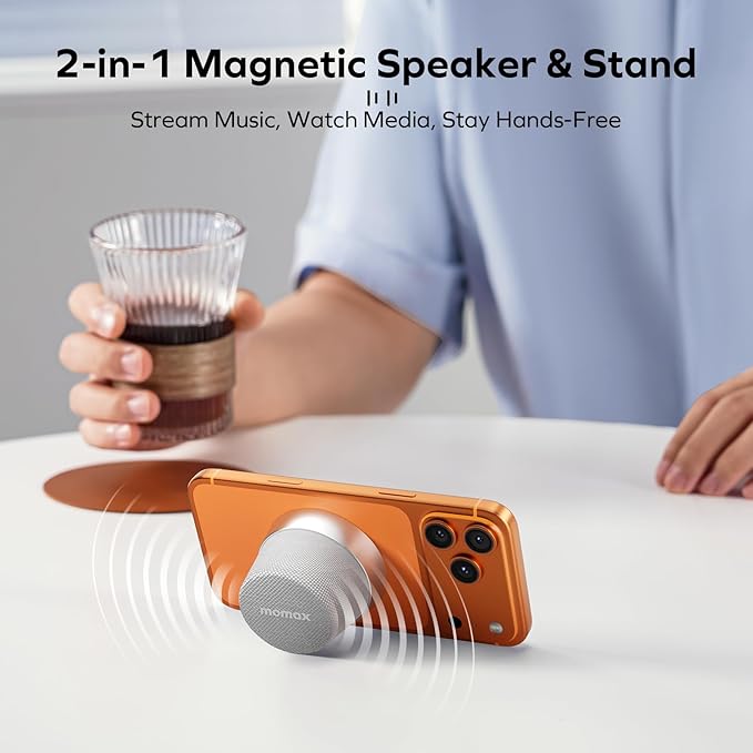 MOMAX Magnetic Mini Bluetooth Speaker, IPX6 Waterproof, 12H Playtime, TWS True Wireless Stereo, USB-C Rechargeable, Portable Shower & Outdoor Speaker, Bass-Enhanced, Call Function, Travel & Gift Ideas